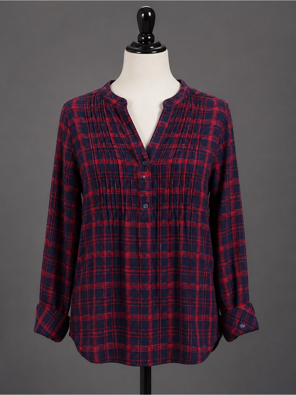 GAP Red and Navy Plaid Pintuck Button-Front Blouse